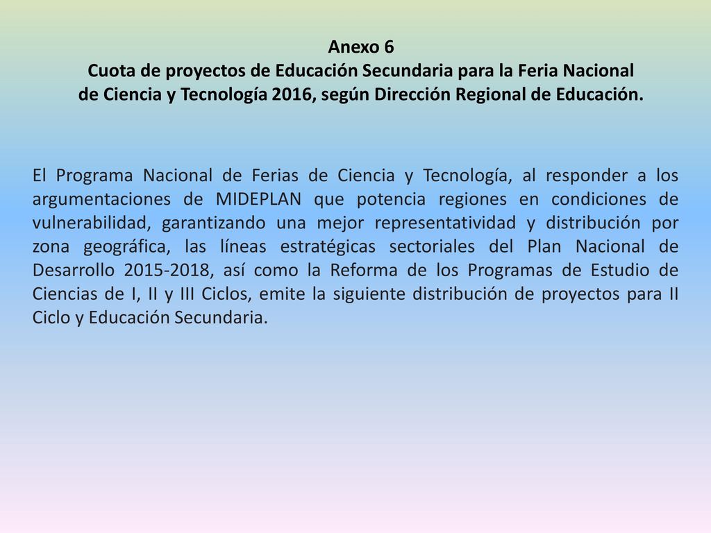 Anexo 6 Cuota de proyectos de Educación Secundaria para la Feria Nacional de Ciencia y Tecnología 2016, según Dirección Regional de Educación.