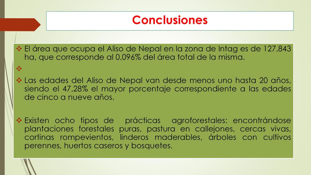 Conclusiones El área que ocupa el Aliso de Nepal en la zona de Intag es de 127,843 ha, que corresponde al 0,096% del área total de la misma.