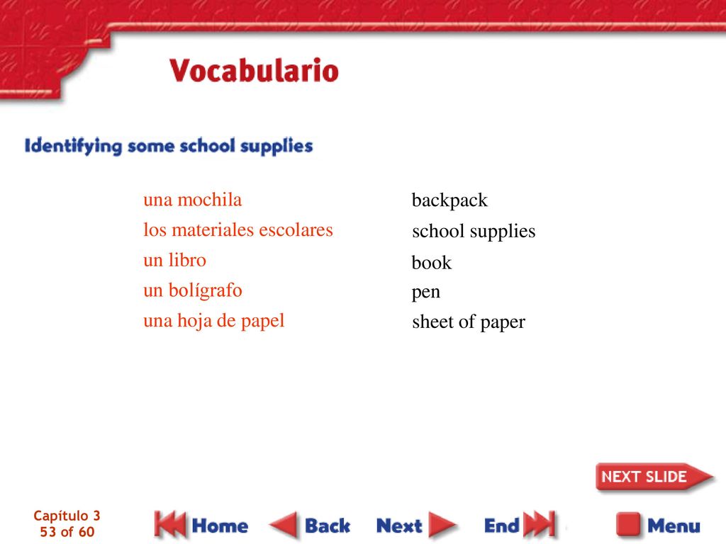 los materiales escolares un libro un bolígrafo una hoja de papel