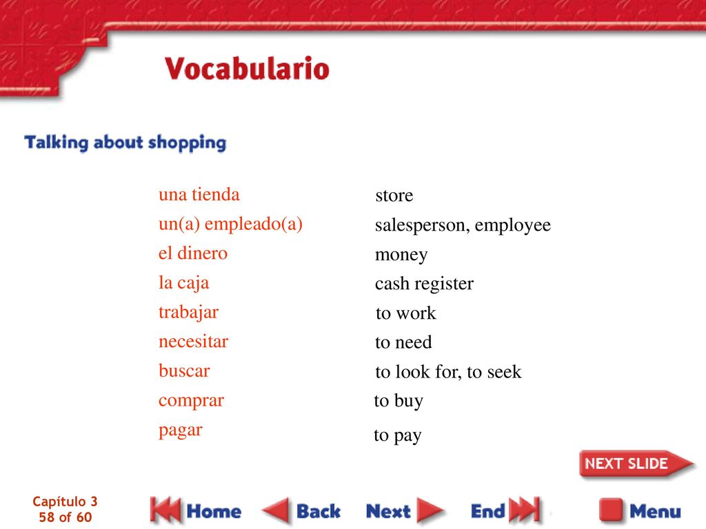 una tienda store un(a) empleado(a) el dinero salesperson, employee