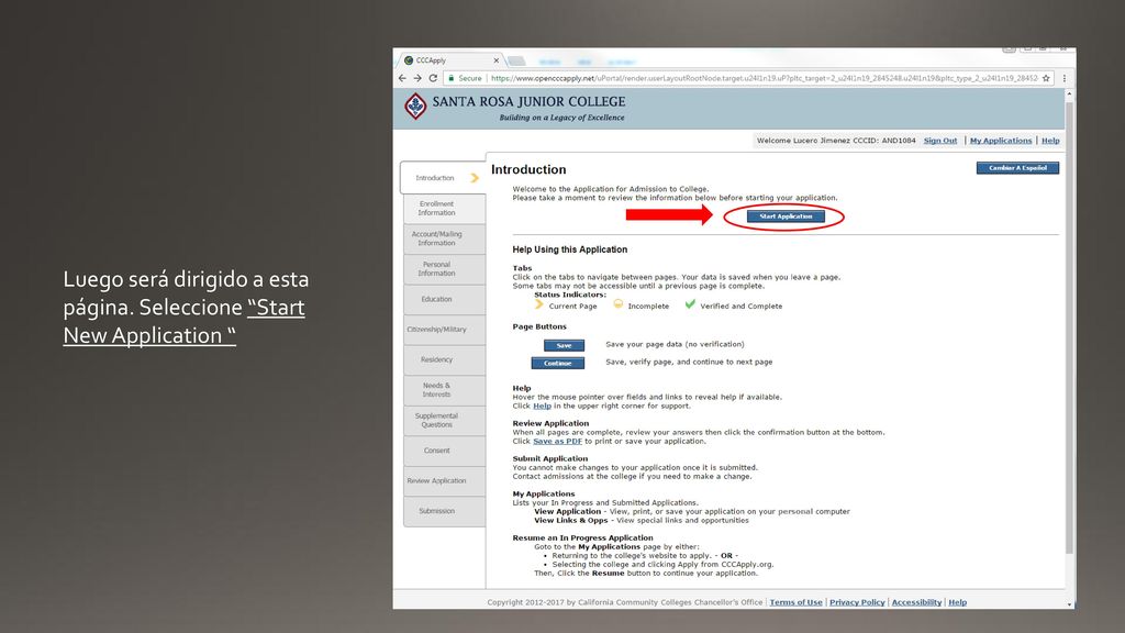 Luego será dirigido a esta página. Seleccione Start New Application