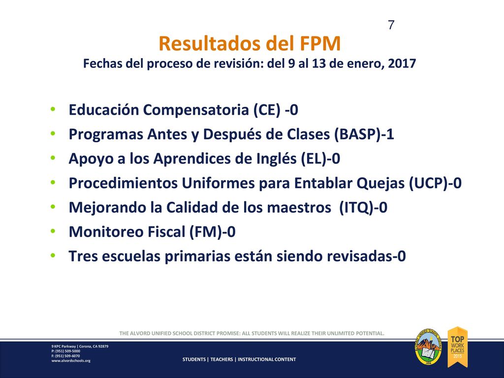Resultados del FPM Fechas del proceso de revisión: del 9 al 13 de enero, 2017