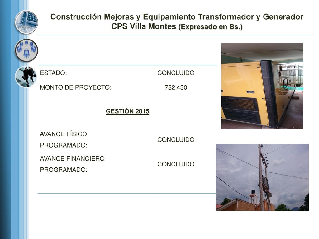 Construcción Mejoras y Equipamiento Transformador y Generador