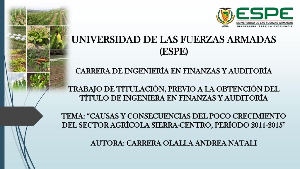UNIVERSIDAD DE LAS FUERZAS ARMADAS (ESPE) CARRERA DE INGENIERÍA EN FINANZAS Y AUDITORÍA TRABAJO DE TITULACIÓN, PREVIO A LA OBTENCIÓN DEL TÍTULO DE INGENIERA EN FINANZAS Y AUDITORÍA TEMA: CAUSAS Y CONSECUENCIAS DEL POCO CRECIMIENTO DEL SECTOR AGRÍCOLA SIERRA-CENTRO, PERÍODO AUTORA: CARRERA OLALLA ANDREA NATALI