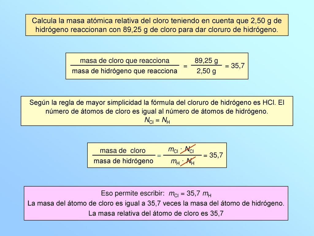Calcula la masa atómica relativa del cloro teniendo en cuenta que 2,50 g de hidrógeno reaccionan con 89,25 g de cloro para dar cloruro de hidrógeno.
