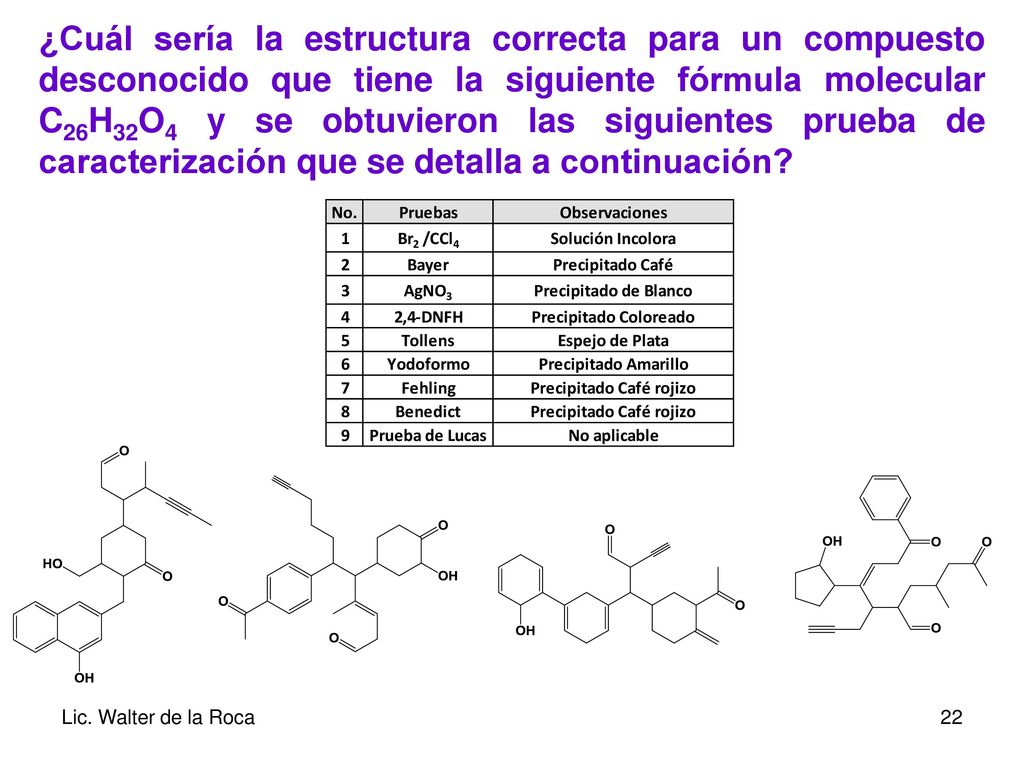 ¿Cuál sería la estructura correcta para un compuesto desconocido que tiene la siguiente fórmula molecular C26H32O4 y se obtuvieron las siguientes prueba de caracterización que se detalla a continuación