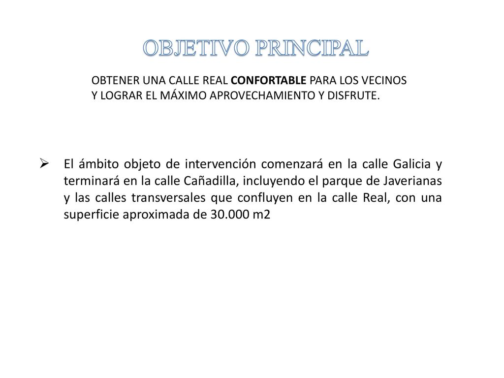 OBJETIVO PRINCIPAL OBTENER UNA CALLE REAL CONFORTABLE PARA LOS VECINOS. Y LOGRAR EL MÁXIMO APROVECHAMIENTO Y DISFRUTE.