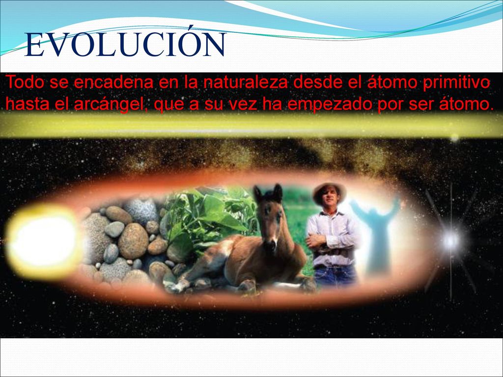 EVOLUCIÓN Todo se encadena en la naturaleza desde el átomo primitivo hasta el arcángel, que a su vez ha empezado por ser átomo.