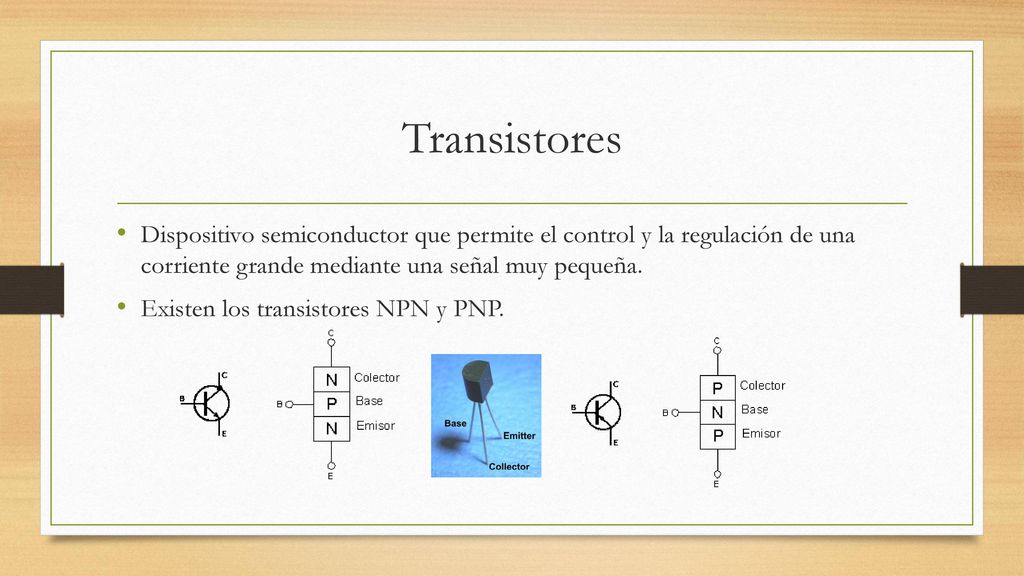 Transistores Dispositivo semiconductor que permite el control y la regulación de una corriente grande mediante una señal muy pequeña.