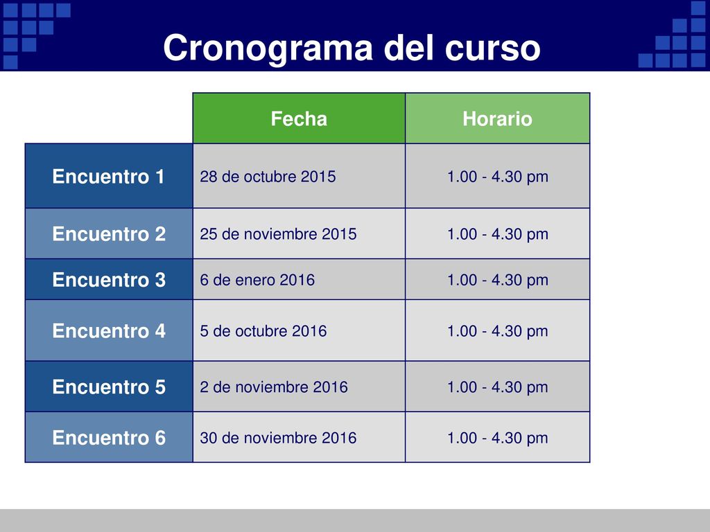 Cronograma del curso Fecha Horario Encuentro 1 Encuentro 2 Encuentro 3
