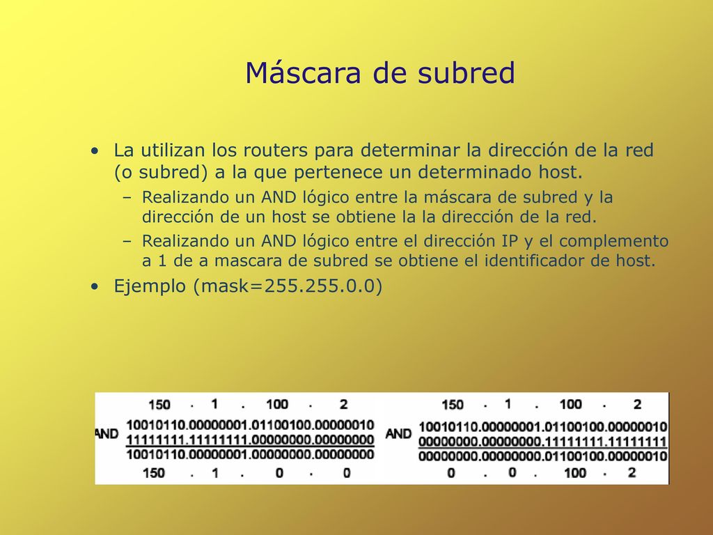 Máscara de subred La utilizan los routers para determinar la dirección de la red (o subred) a la que pertenece un determinado host.