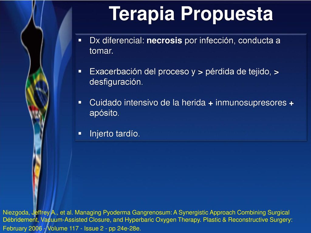 Terapia Propuesta Dx diferencial: necrosis por infección, conducta a tomar. Exacerbación del proceso y > pérdida de tejido, > desfiguración.