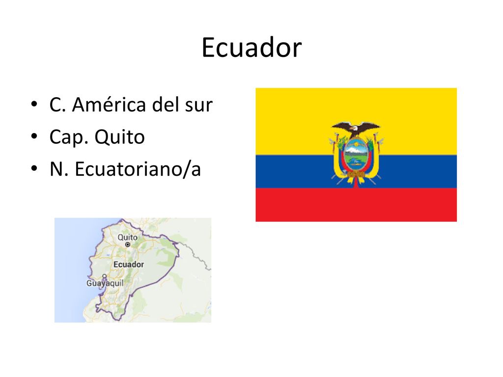 Ecuador C. América del sur Cap. Quito N. Ecuatoriano/a