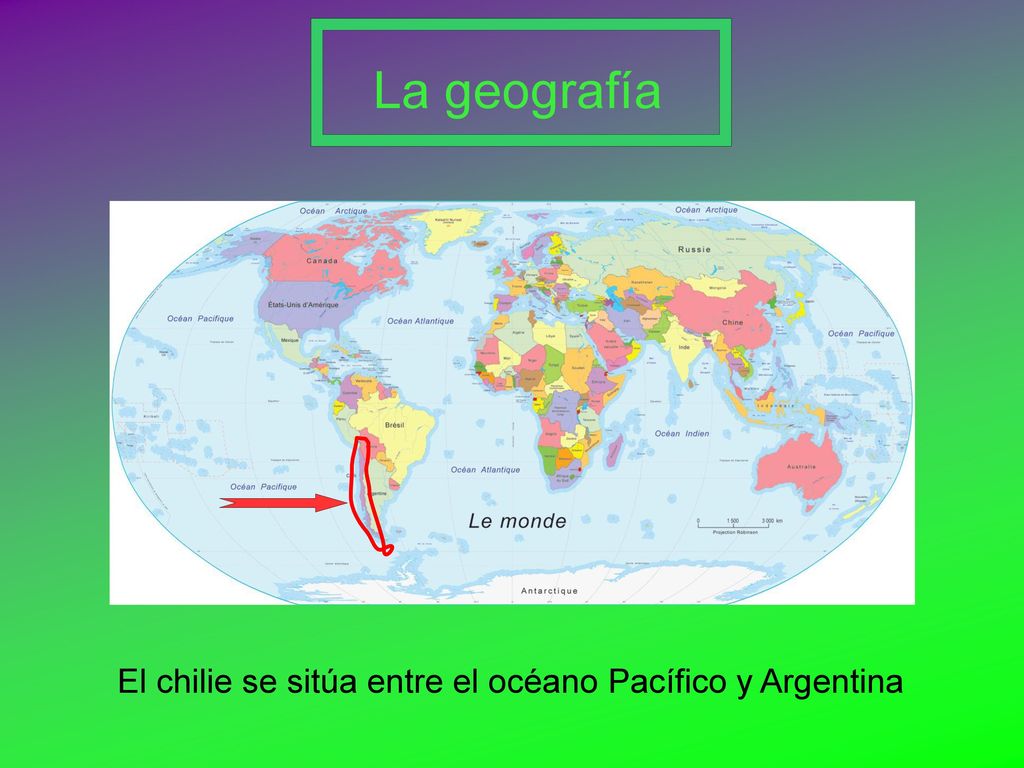 La geografía El chilie se sitúa entre el océano Pacífico y Argentina
