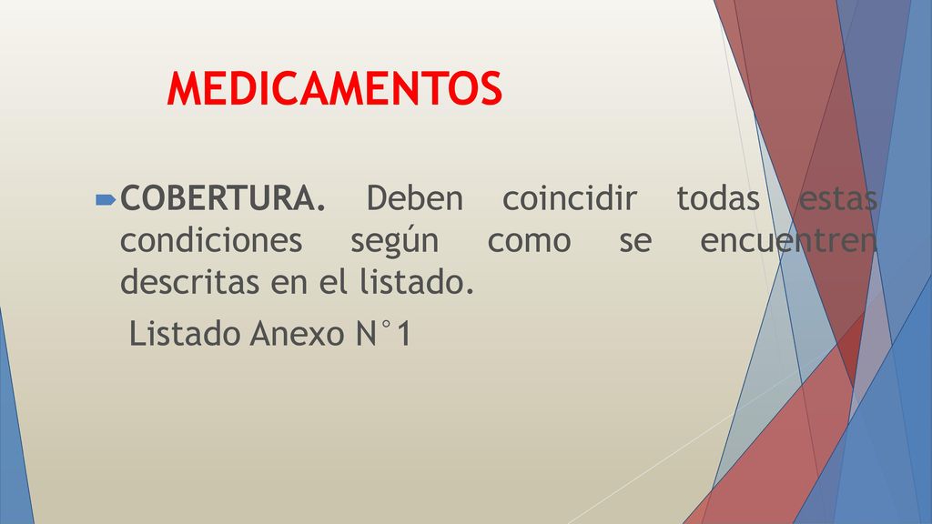 MEDICAMENTOS COBERTURA. Deben coincidir todas estas condiciones según como se encuentren descritas en el listado.