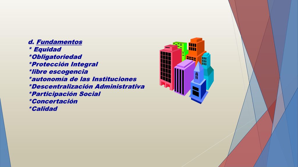 d. Fundamentos * Equidad. *Obligatoriedad. *Protección Integral. *libre escogencia. *autonomía de las Instituciones.
