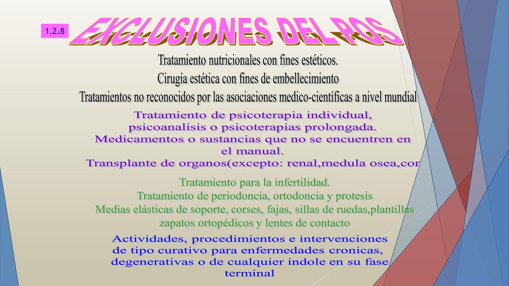 EXCLUSIONES DEL POS Tratamiento nutricionales con fines estéticos. Cirugía estética con fines de embellecimiento.