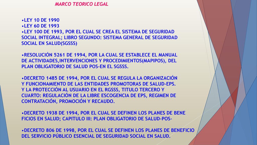 MARCO TEORICO LEGAL LEY 10 DE LEY 60 DE LEY 100 DE 1993, POR EL CUAL SE CREA EL SISTEMA DE SEGURIDAD.