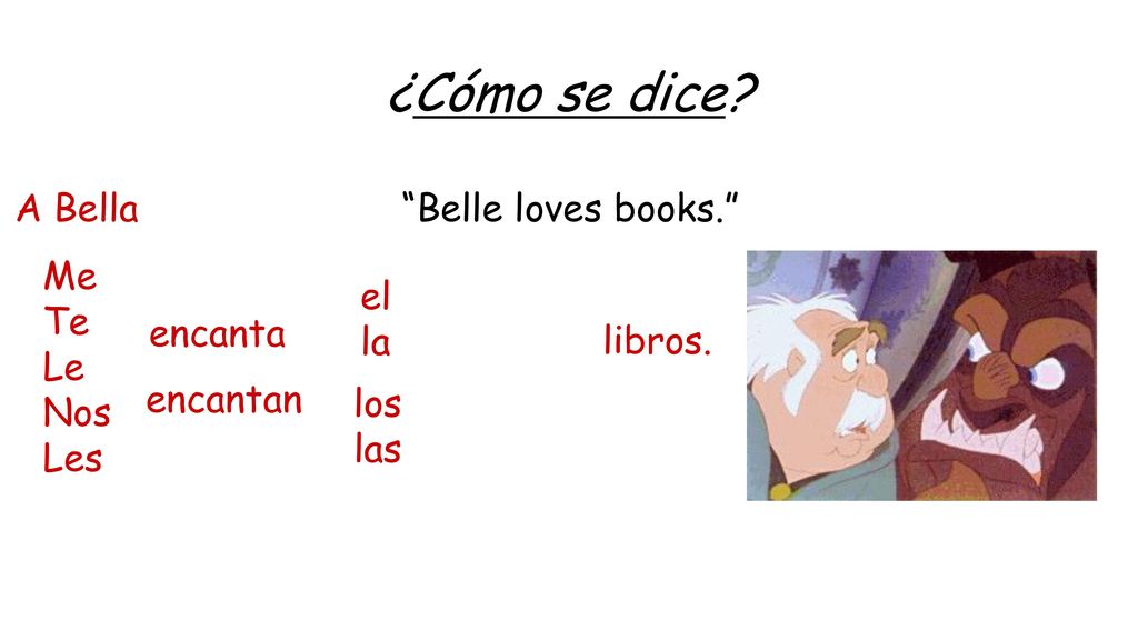 ¿Cómo se dice A Bella Belle loves books. Me Te Le Nos Les el la