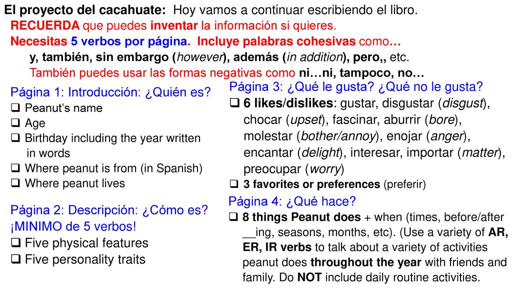 El proyecto del cacahuate: Hoy vamos a continuar escribiendo el libro.