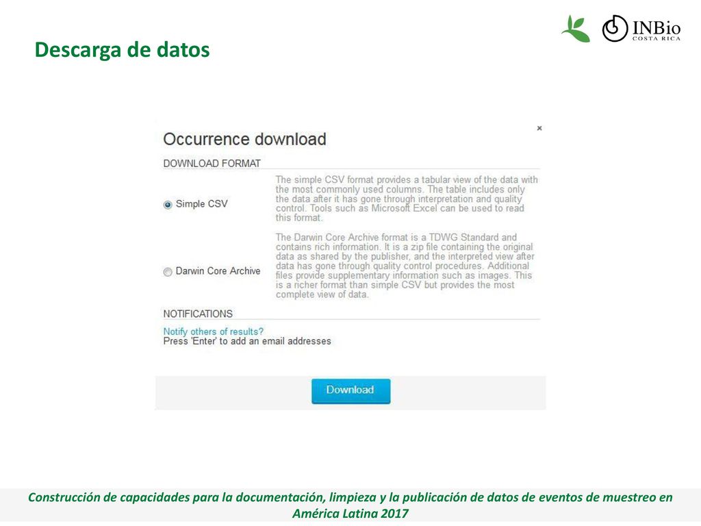 Descarga de datos Construcción de capacidades para la documentación, limpieza y la publicación de datos de eventos de muestreo en América Latina