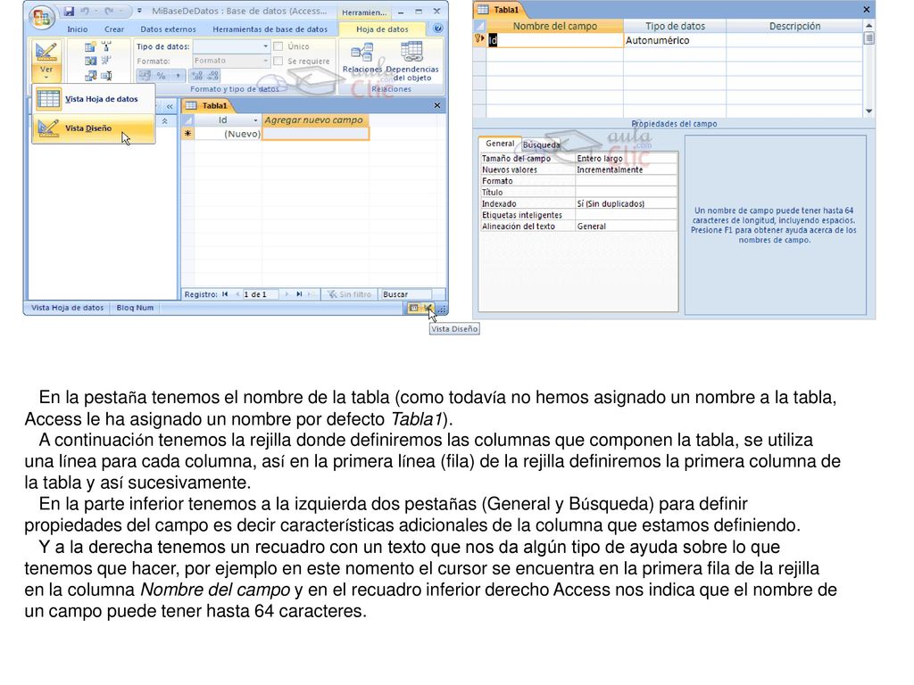 En la pestaña tenemos el nombre de la tabla (como todavía no hemos asignado un nombre a la tabla, Access le ha asignado un nombre por defecto Tabla1).