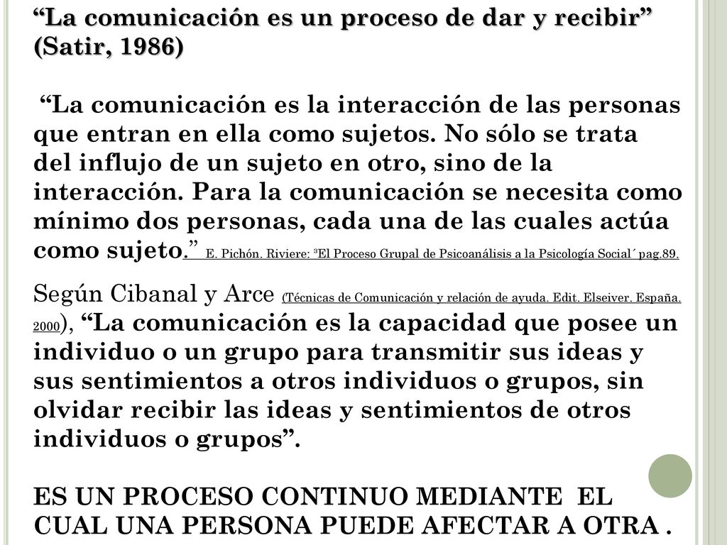 La comunicación es un proceso de dar y recibir (Satir, 1986)