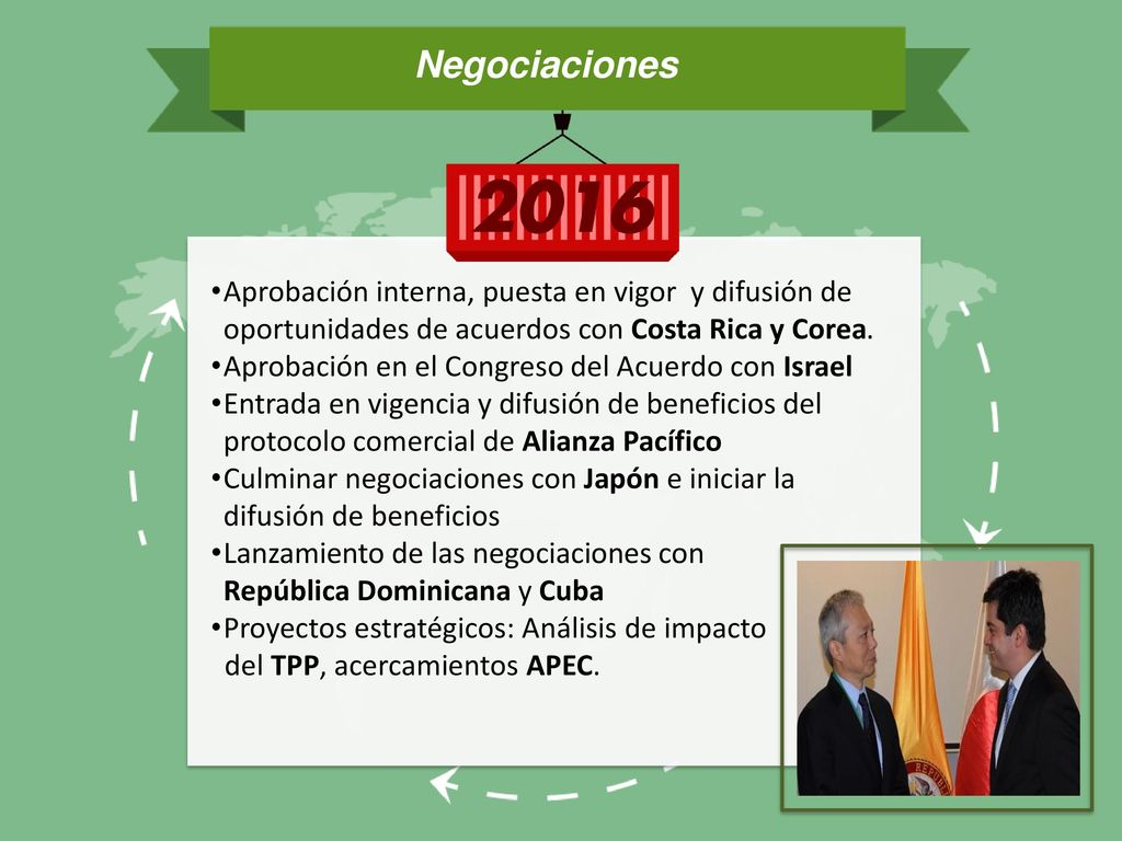 Negociaciones Aprobación interna, puesta en vigor y difusión de oportunidades de acuerdos con Costa Rica y Corea.