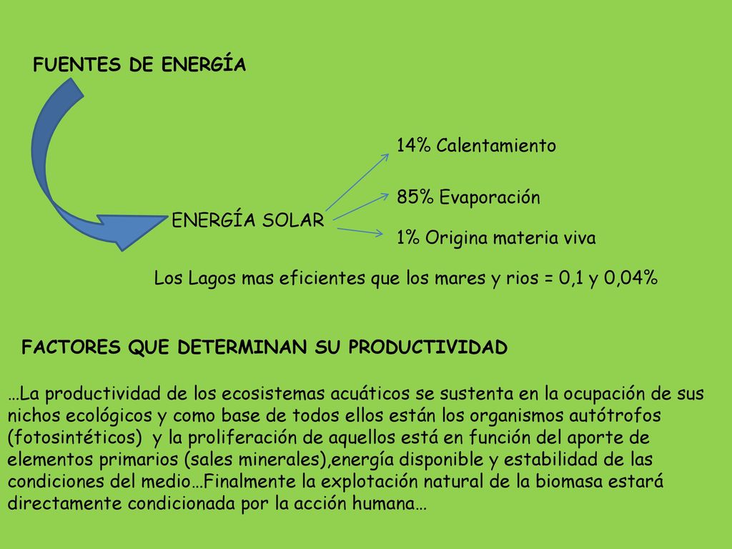 FUENTES DE ENERGÍA 14% Calentamiento. 85% Evaporación. ENERGÍA SOLAR. 1% Origina materia viva.