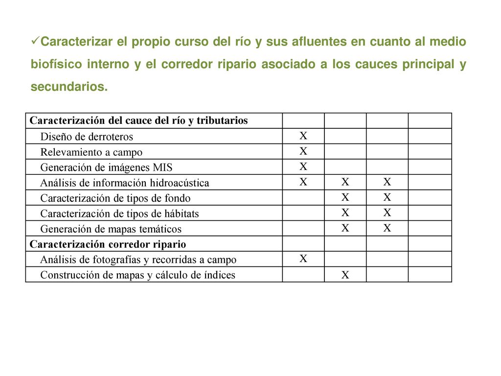 Caracterizar el propio curso del río y sus afluentes en cuanto al medio biofísico interno y el corredor ripario asociado a los cauces principal y secundarios.