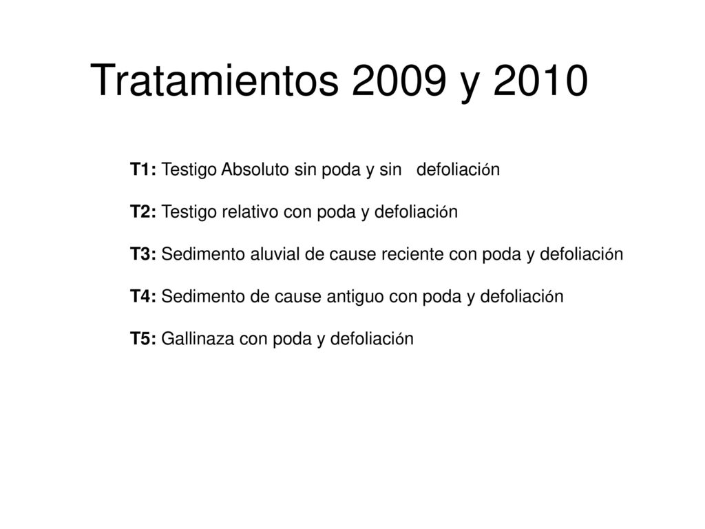 Tratamientos 2009 y 2010 T1: Testigo Absoluto sin poda y sin defoliación. T2: Testigo relativo con poda y defoliación.