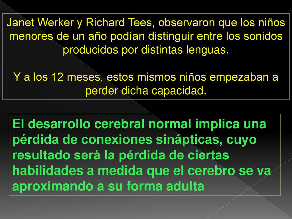 Janet Werker y Richard Tees, observaron que los niños menores de un año podían distinguir entre los sonidos producidos por distintas lenguas.