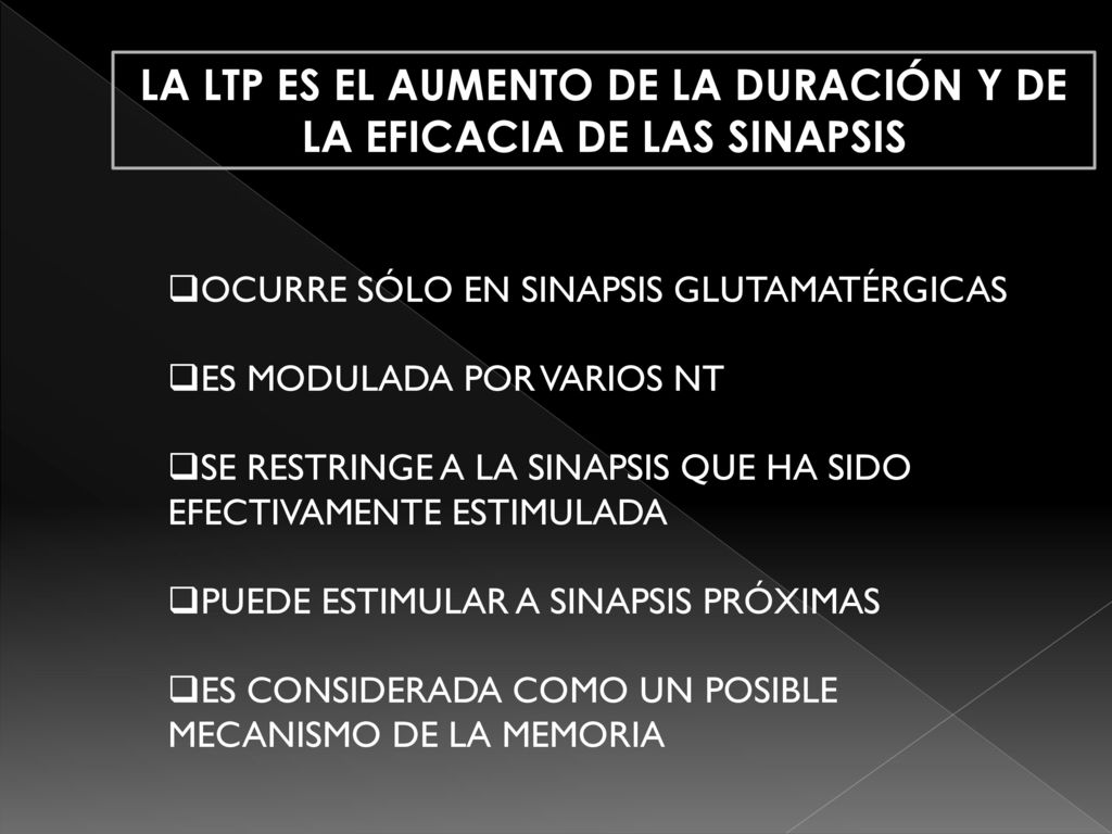 LA LTP ES EL AUMENTO DE LA DURACIÓN Y DE LA EFICACIA DE LAS SINAPSIS