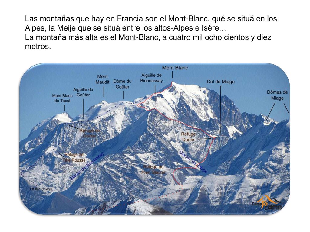 Las montañas que hay en Francia son el Mont-Blanc, qué se situá en los Alpes, la Meije que se situá entre los altos-Alpes e Isère…
