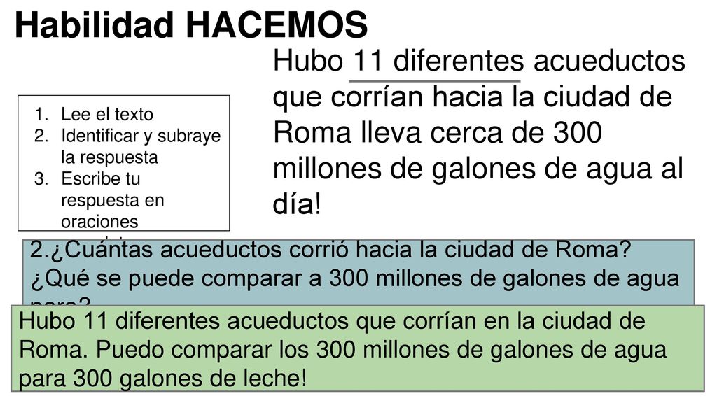 Habilidad HACEMOS Hubo 11 diferentes acueductos que corrían hacia la ciudad de Roma lleva cerca de 300 millones de galones de agua al día!