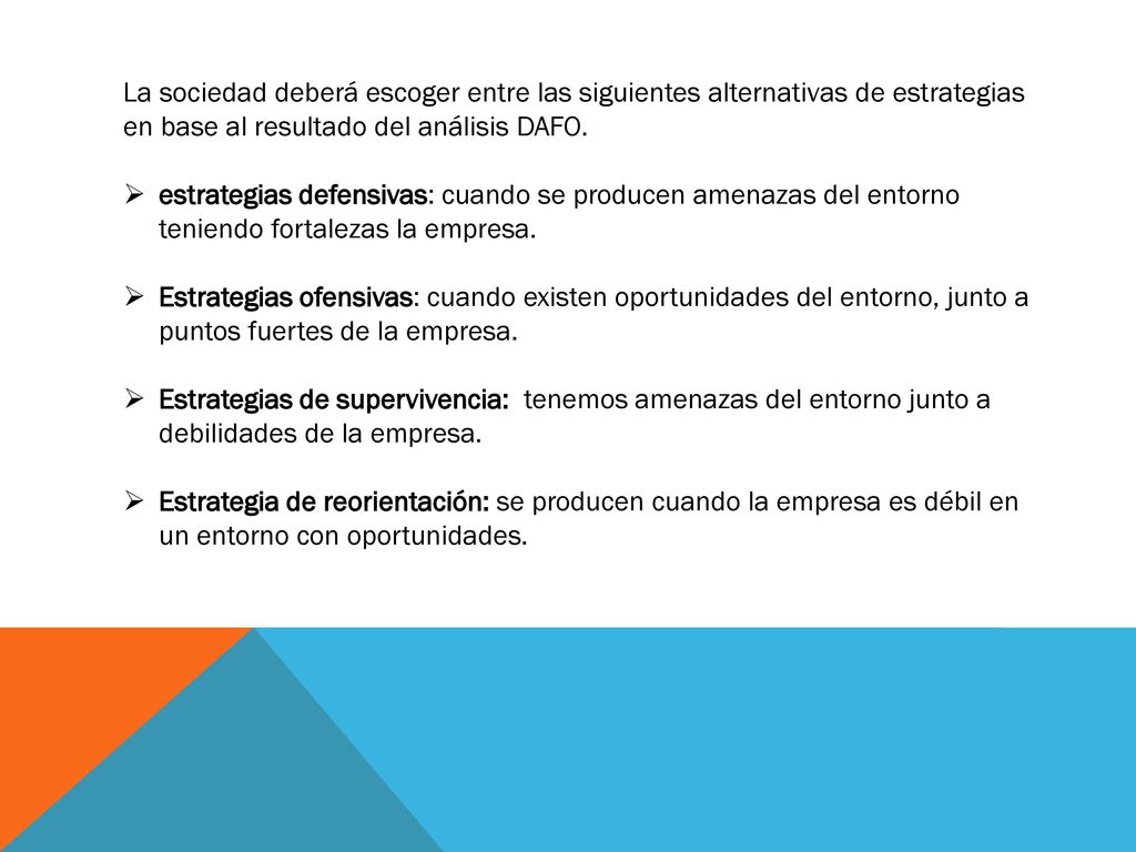 La sociedad deberá escoger entre las siguientes alternativas de estrategias en base al resultado del análisis DAFO.