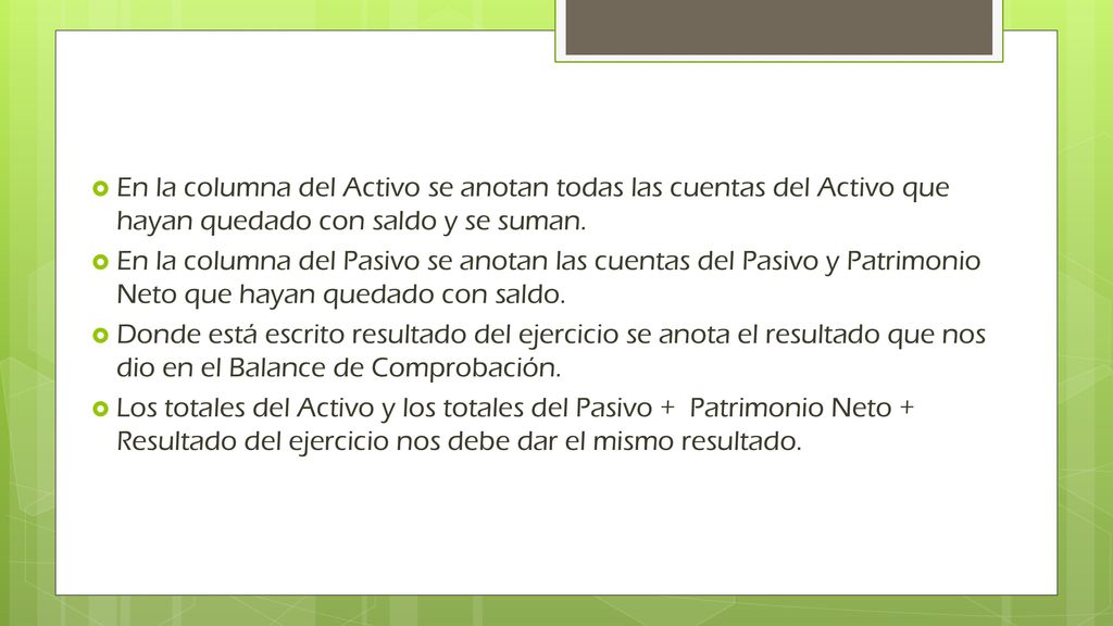 En la columna del Activo se anotan todas las cuentas del Activo que hayan quedado con saldo y se suman.