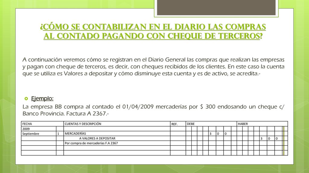 ¿Cómo se contabilizan en el Diario las compras al contado pagando con cheque de terceros