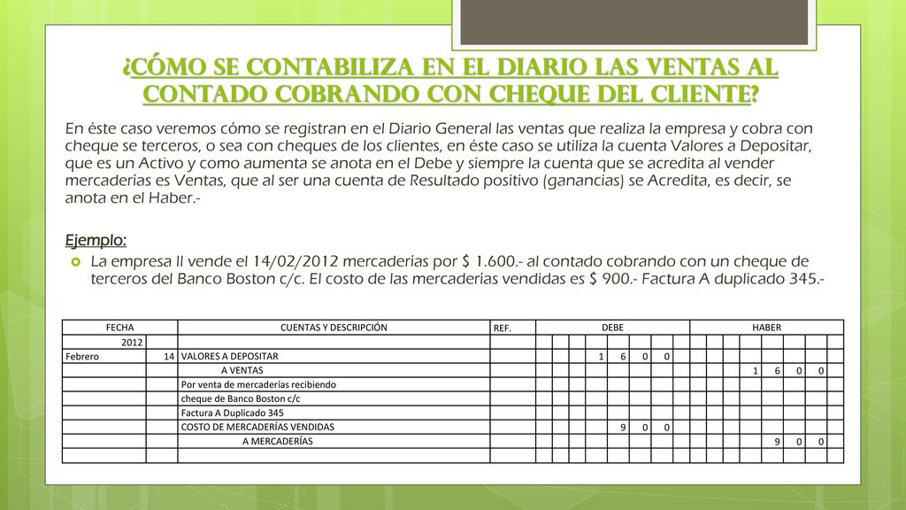 ¿Cómo se contabiliza en el Diario las ventas al contado cobrando con cheque del cliente