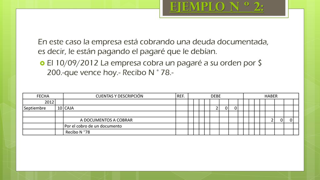 Ejemplo N º 2: En este caso la empresa está cobrando una deuda documentada, es decir, le están pagando el pagaré que le debían.