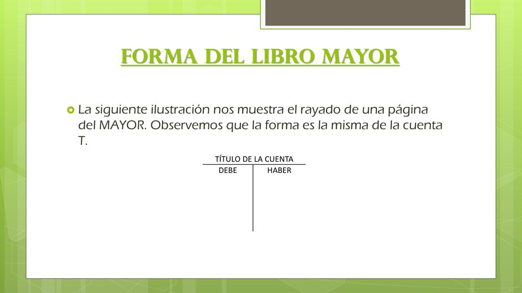 Forma del Libro Mayor La siguiente ilustración nos muestra el rayado de una página del MAYOR. Observemos que la forma es la misma de la cuenta T.
