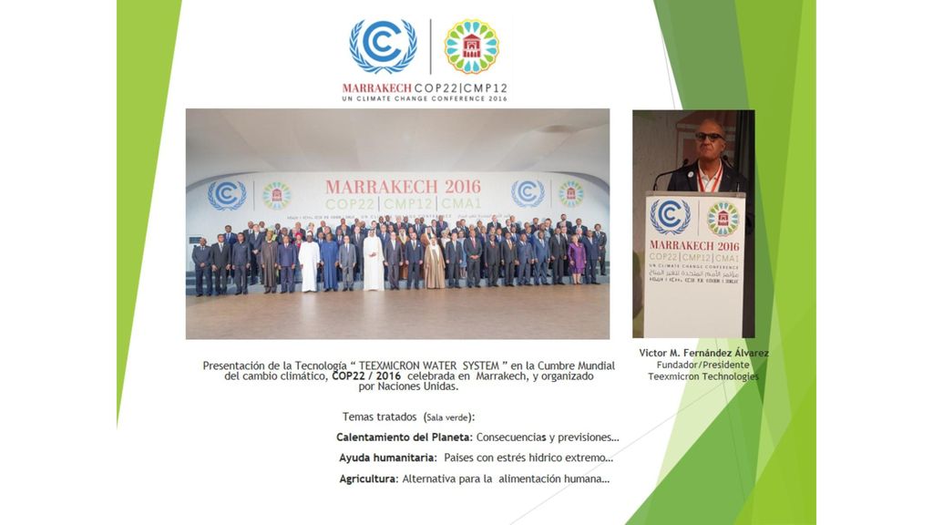 Presentación de la Tecnología TEEXMICRON WATER SYSTEM en la Cumbre Mundial del cambio climático, COP22 / 2016 celebrada en Marrakech, y organizado por Naciones Unidas.