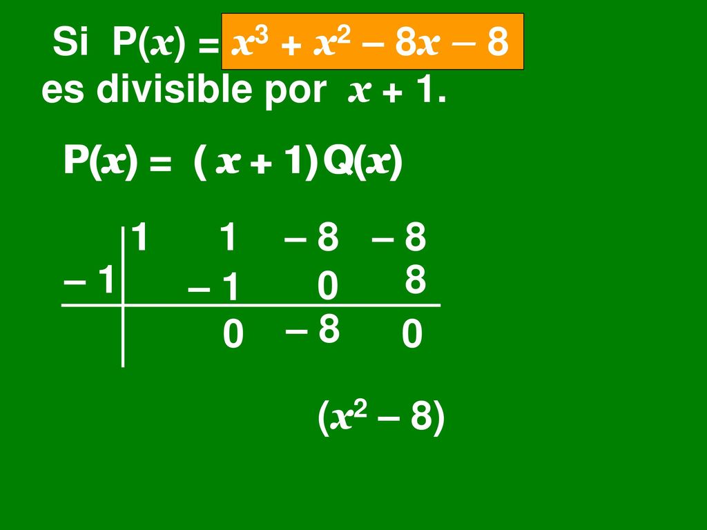 Si P(x) = x3 + x2 – 8x – 8 es divisible por x + 1.