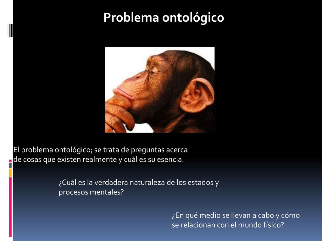 Problema ontológico El problema ontológico; se trata de preguntas acerca de cosas que existen realmente y cuál es su esencia.