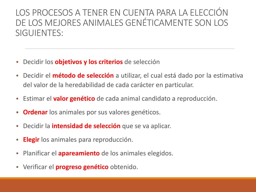 LOS PROCESOS A TENER EN CUENTA PARA LA ELECCIÓN DE LOS MEJORES ANIMALES GENÉTICAMENTE SON LOS SIGUIENTES: