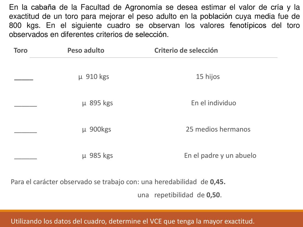 En la cabaña de la Facultad de Agronomía se desea estimar el valor de cría y la exactitud de un toro para mejorar el peso adulto en la población cuya media fue de 800 kgs. En el siguiente cuadro se observan los valores fenotípicos del toro observados en diferentes criterios de selección.