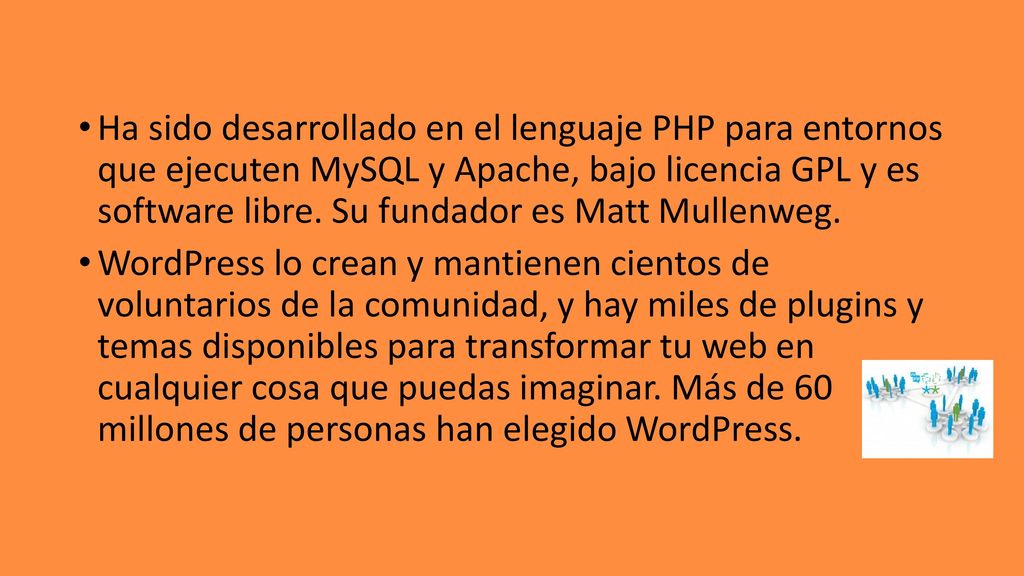 Ha sido desarrollado en el lenguaje PHP para entornos que ejecuten MySQL y Apache, bajo licencia GPL y es software libre. Su fundador es Matt Mullenweg.