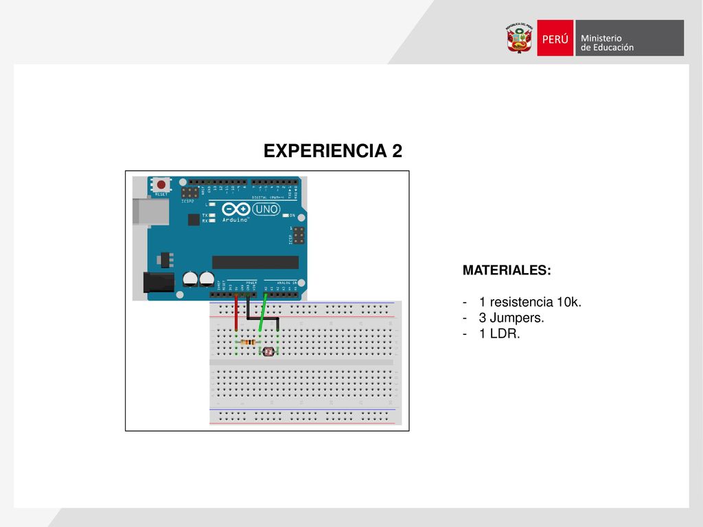 EXPERIENCIA 2 MATERIALES: 1 resistencia 10k. 3 Jumpers. 1 LDR.