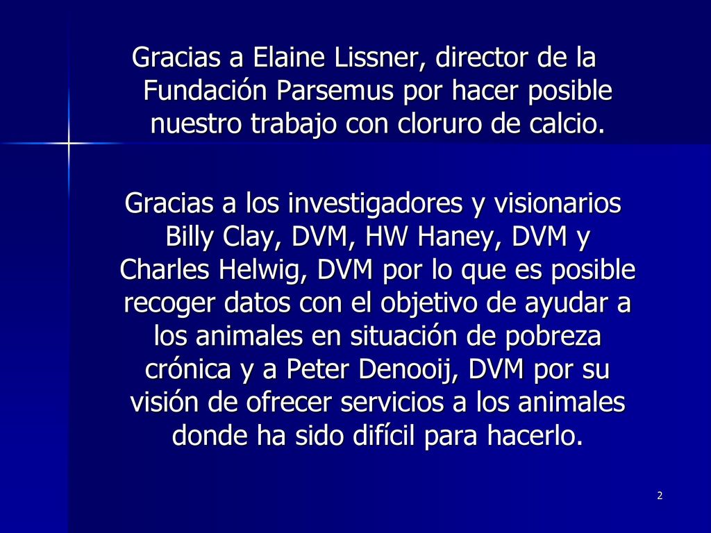 Gracias a Elaine Lissner, director de la Fundación Parsemus por hacer posible nuestro trabajo con cloruro de calcio.