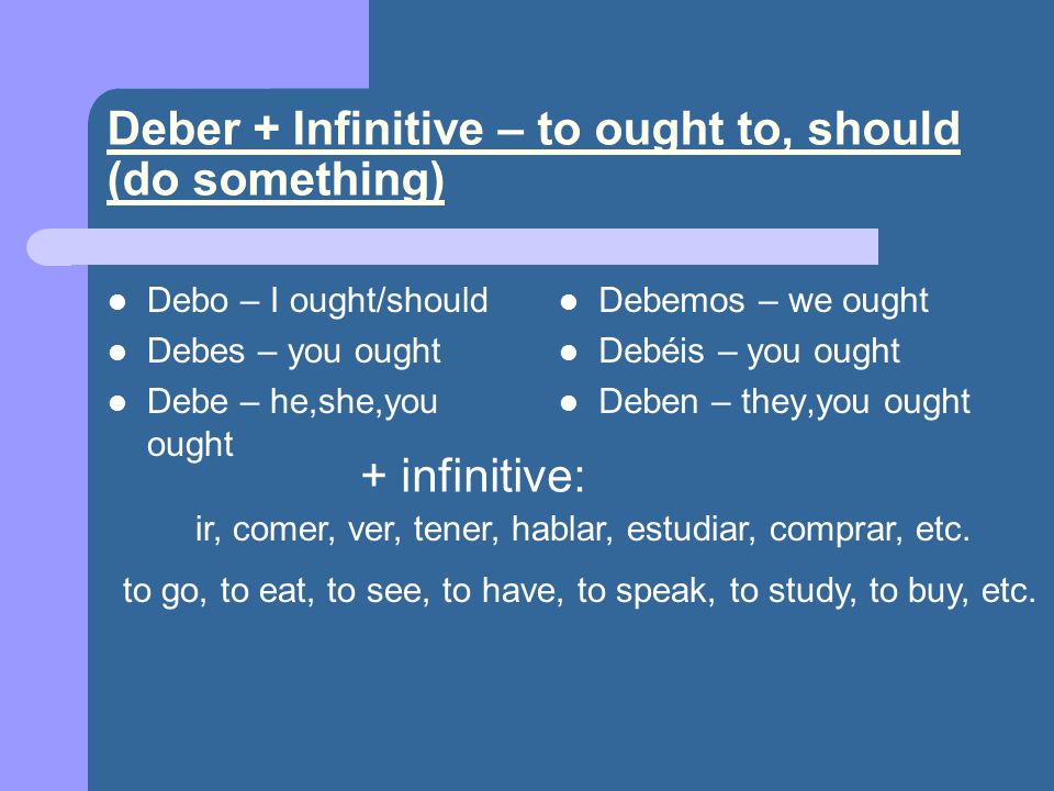Deber + Infinitive – to ought to, should (do something)